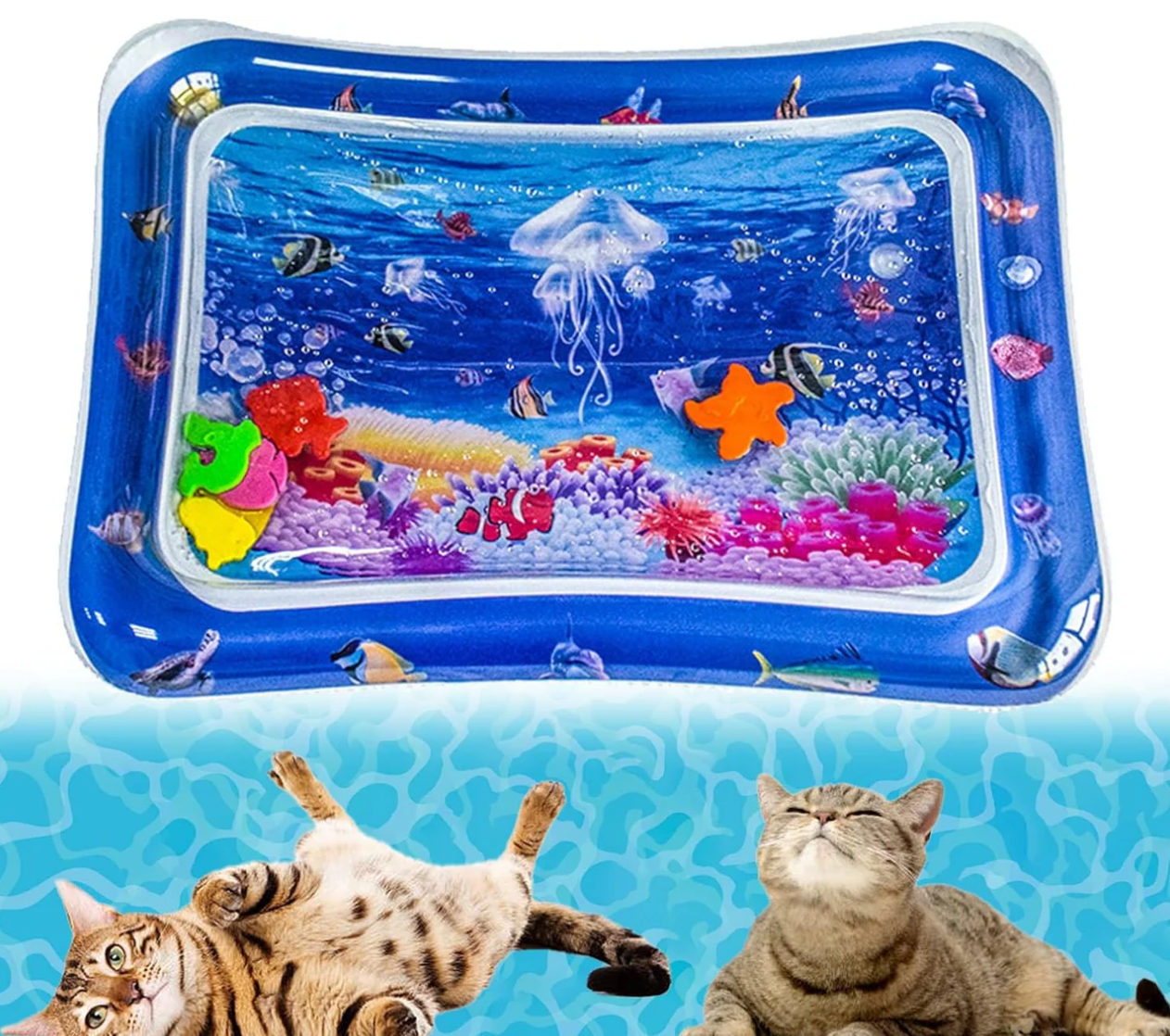 Colorful cat water mat with ocean-themed design, featuring fish, jellyfish, and coral. Perfect interactive toy for playful cats.