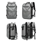 Sleek gray waterproof backpack with multiple compartments, adjustable straps, and durable zippers. Ideal for travel, hiking, and daily use.