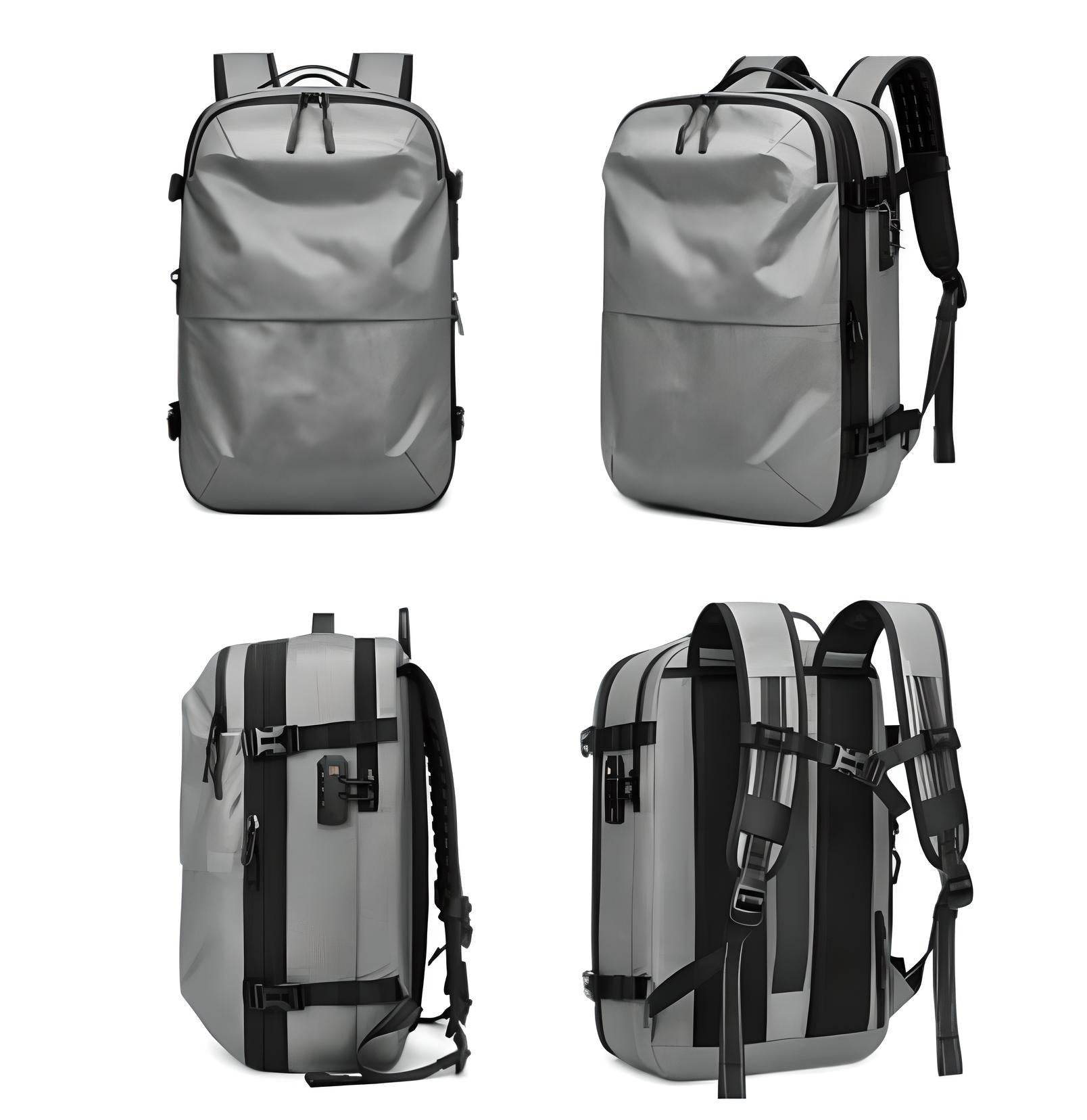 Sleek gray waterproof backpack with multiple compartments, adjustable straps, and durable zippers. Ideal for travel, hiking, and daily use.