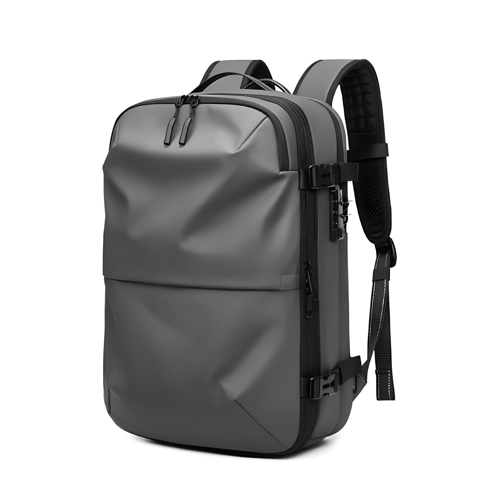 Sleek gray travel backpack with multiple compartments, ergonomic straps, and durable material. Ideal for hiking, commuting, and outdoor adventures.