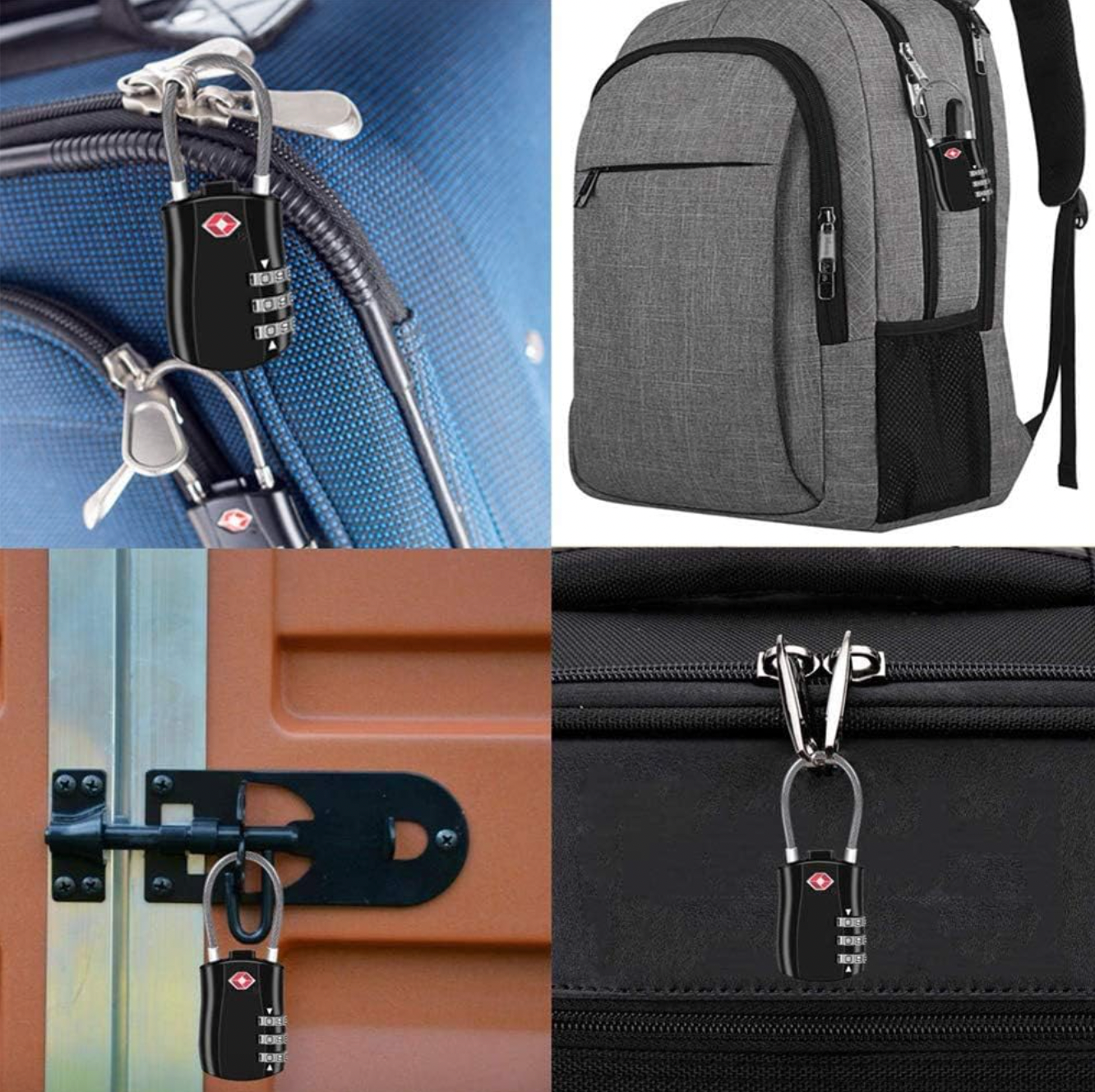 TSA-approved black combination lock securing luggage, backpack, and storage unit. Durable travel lock for enhanced security and peace of mind.