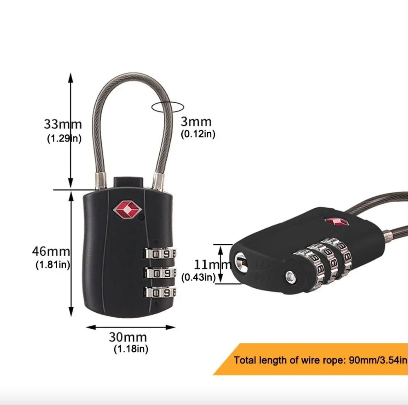 TSA approved black combination lock with dimensions, featuring a 3-digit code and flexible wire shackle, ideal for luggage security and travel safety.