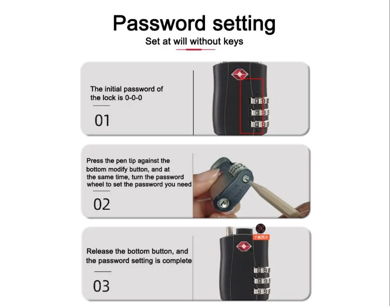 TSA lock password setting instructions with images: step-by-step guide to set combination lock without keys, featuring lock and pen tool.