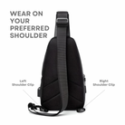 Black crossbody sling bag with adjustable strap, left and right shoulder clips. Ideal for versatile wear. Stylish, ergonomic design for everyday use.