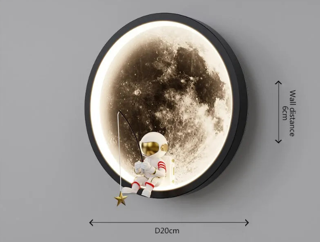 Modern astronaut wall lamp with moon design, featuring a gold-accented astronaut fishing for stars. Unique home decor, LED lighting, 20cm diameter.