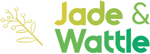 Jade & Wattle logo featuring stylized green and yellow text with a minimalist botanical illustration, ideal for eco-friendly brand identity.