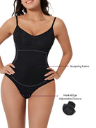 Black shapewear bodysuit with sculpting fabric, featuring adjustable hook and eye closure. Women's slimming undergarment for body contouring.