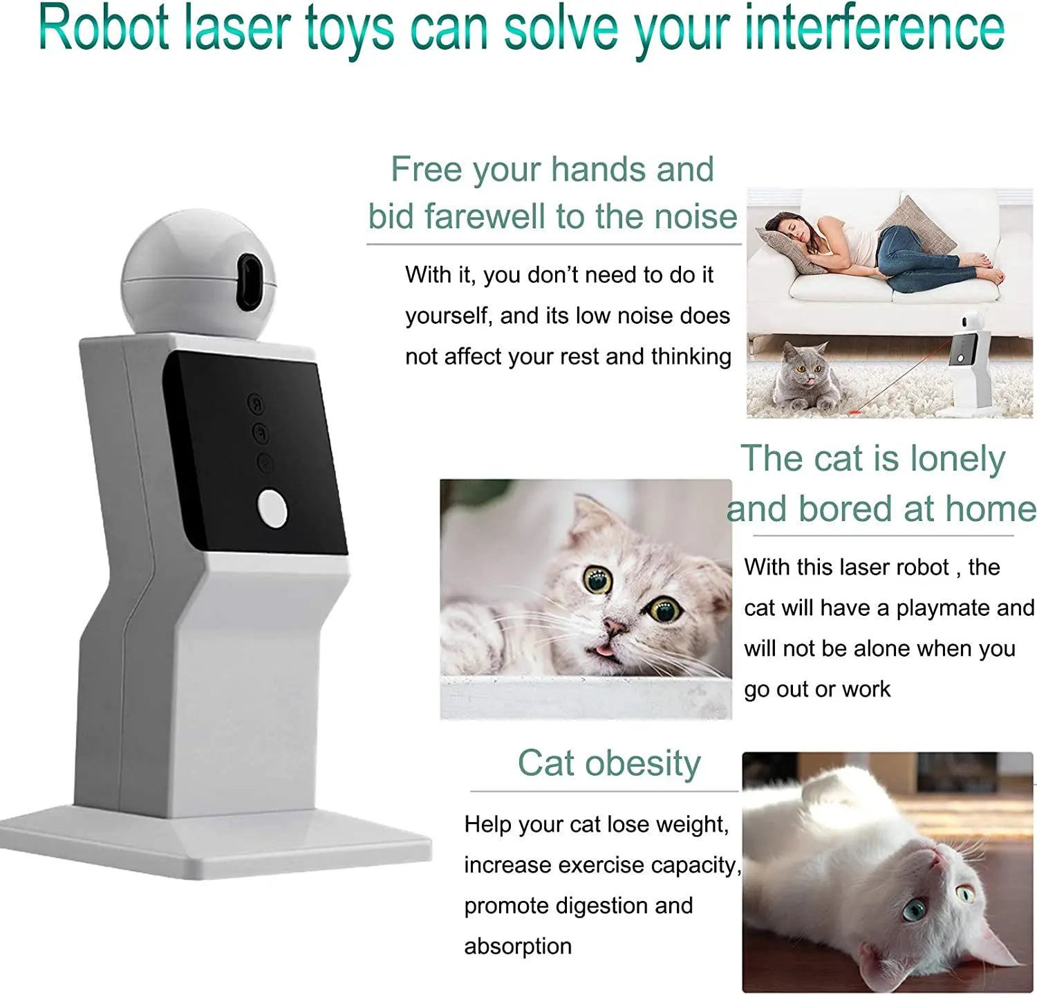 Interactive robot laser toy for cats, featuring automatic movement and noise reduction. Ideal for keeping pets entertained and aiding in weight management.