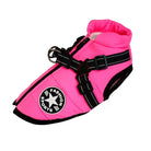 Bright pink dog harness with black adjustable straps and "Fashion Sports" logo, ideal for small pets. Durable, stylish pet accessory.