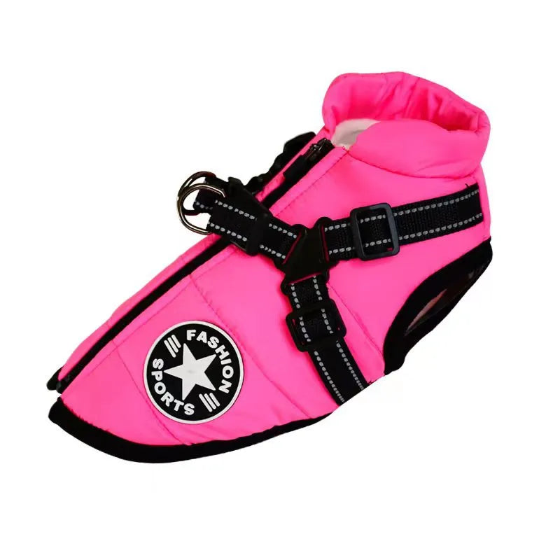 Bright pink dog harness with black adjustable straps and "Fashion Sports" logo, ideal for small pets. Durable, stylish pet accessory.