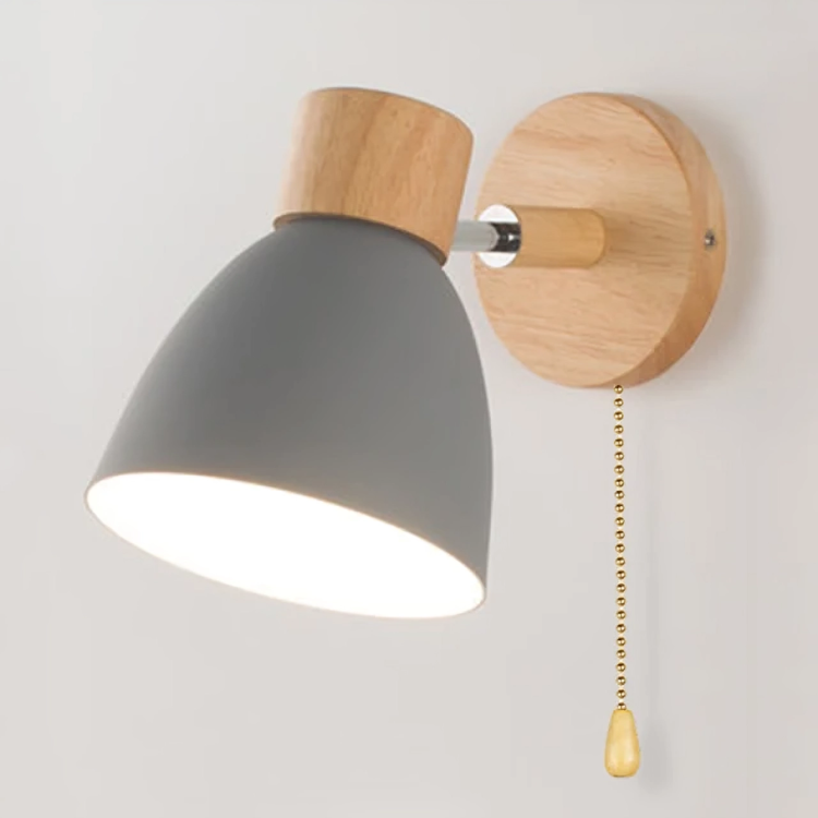 Modern wall sconce with wooden base and gray lampshade, featuring a pull chain switch. Ideal for contemporary home lighting and interior decor.