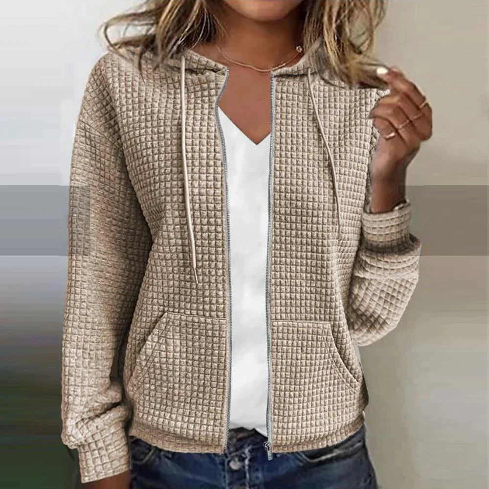 Women's Waffle Knit Zip-Up Hoodie Jacket - Lightweight, Casual, and Stylish for Everyday Wear