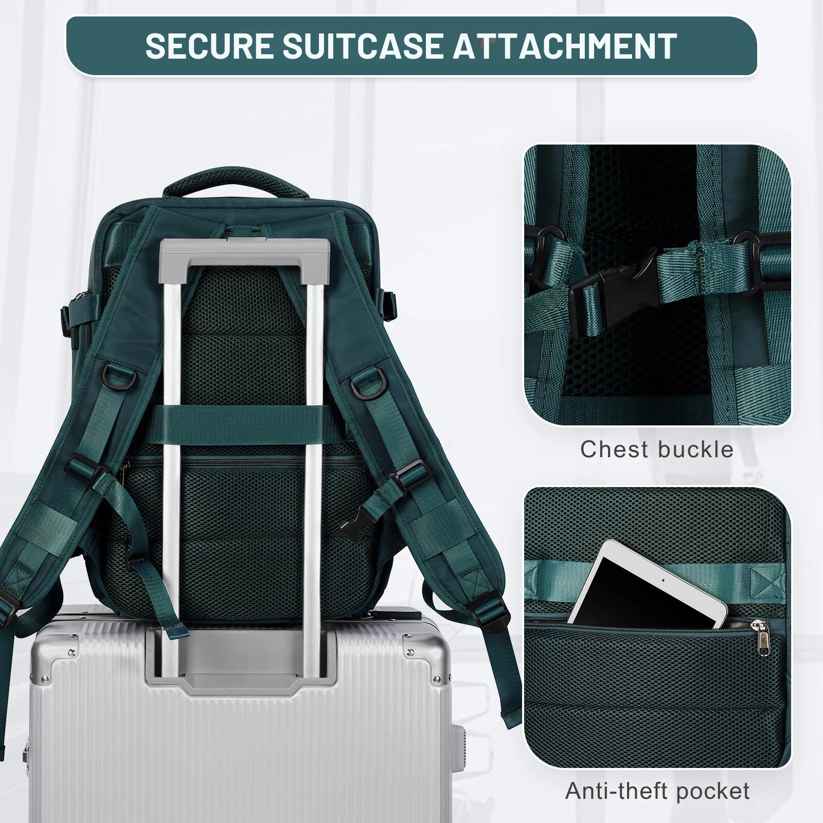 Secure suitcase attachment with green backpack, featuring chest buckle and anti-theft pocket, designed for travel convenience and luggage safety.