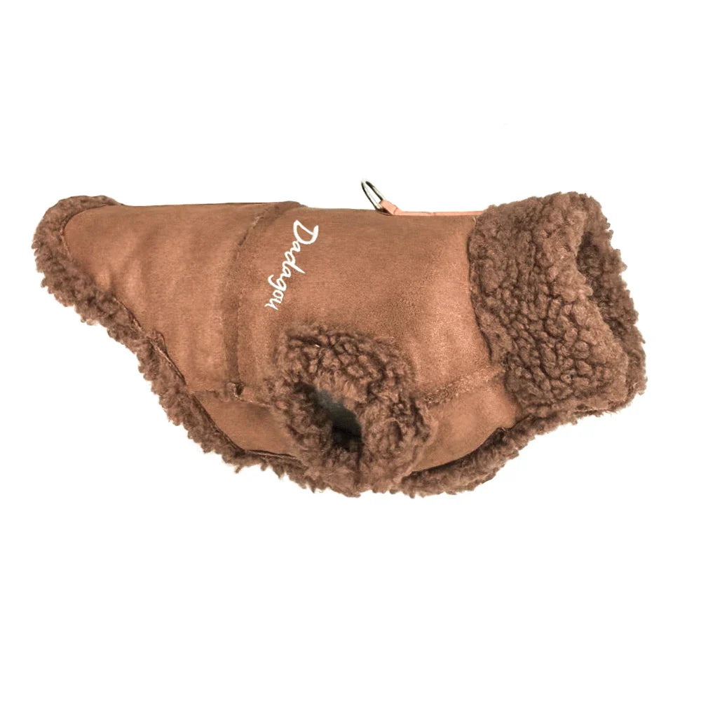 Brown dog coat with faux shearling lining, featuring "Baxter" embroidery. Warm pet apparel, winter dog jacket, cozy fleece outerwear for small dogs.