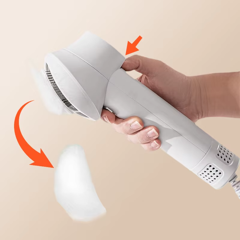 Handheld fabric shaver removing lint from clothes, ergonomic design, easy grip, efficient fuzz remover, ideal for sweater maintenance and fabric care.