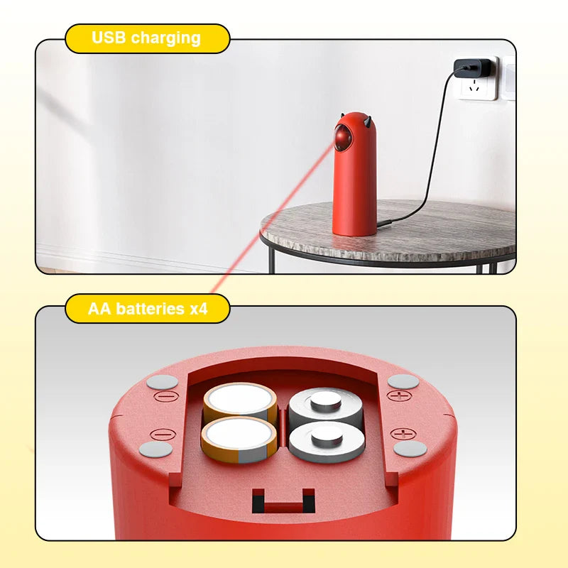 Red automatic cat laser toy with USB charging and AA battery options, featuring a rotating laser for pet entertainment. Perfect for interactive play.