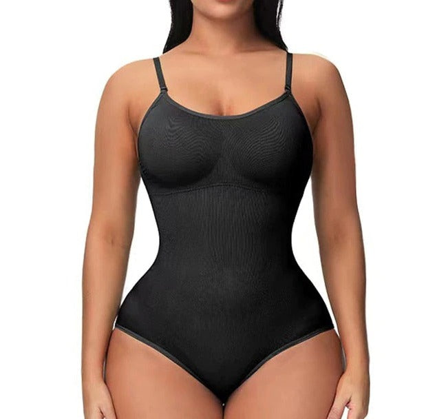 Black seamless shapewear bodysuit for women, featuring adjustable straps and a slimming design. Perfect for body contouring and support.