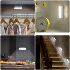 LED motion sensor lights in various home settings: closet, kitchen, staircase, and shelf. Energy-efficient, wireless lighting solution for modern homes.