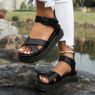 Black Roman platform sandals for women, featuring adjustable ankle straps and thick soles, perfect for summer outdoor fashion and casual wear.