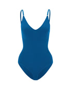 Blue shapewear bodysuit with adjustable straps, seamless design, and V-neckline. Perfect for slimming, body contouring, and enhancing curves.