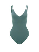 Green shapewear bodysuit with adjustable straps, seamless design, and V-neckline. Perfect for slimming, smoothing, and enhancing body shape.