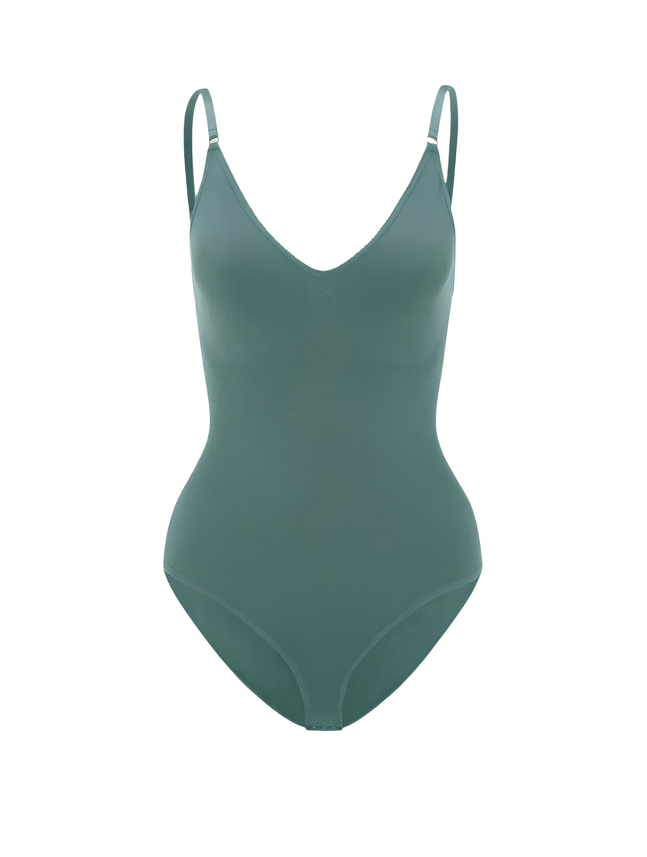 Green shapewear bodysuit with adjustable straps, seamless design, and V-neckline. Perfect for slimming, smoothing, and enhancing body shape.