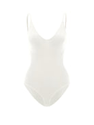 White shapewear bodysuit with adjustable straps, seamless design, and V-neckline. Perfect for slimming, smoothing, and enhancing body contours.