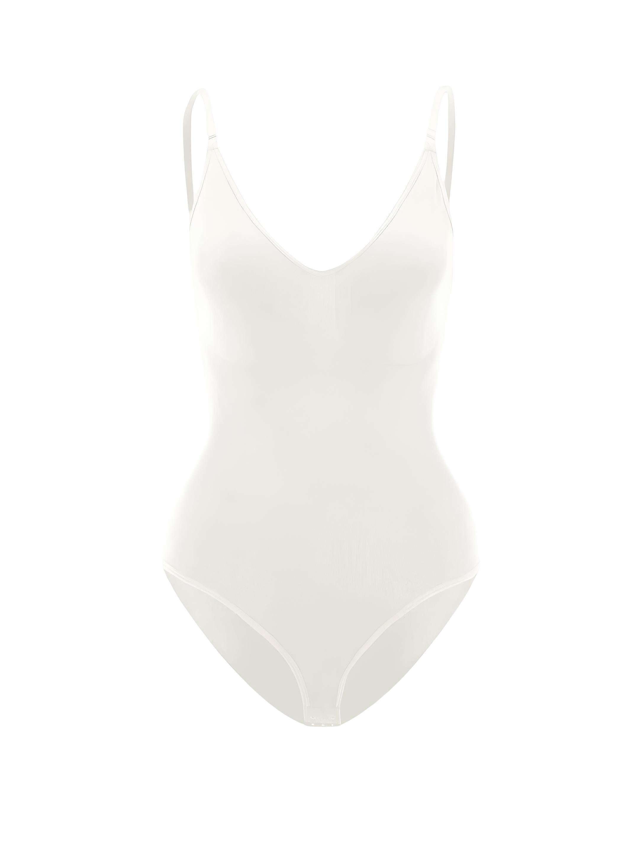 White shapewear bodysuit with adjustable straps, seamless design, and V-neckline. Perfect for slimming, smoothing, and enhancing body contours.