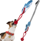 Dog playing with shark-themed tug toy featuring a red ball and durable handle. Perfect for interactive pet play and training.