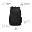 Black backpack with waterproof fabric, 35L capacity, padded laptop compartment, external USB charging port, and reflective strip for visibility.