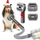 Dog grooming vacuum kit with attachments, featuring a Collie wearing a Santa hat. Includes deshedding brush, clipper, and nozzle. Perfect for pet hair removal.