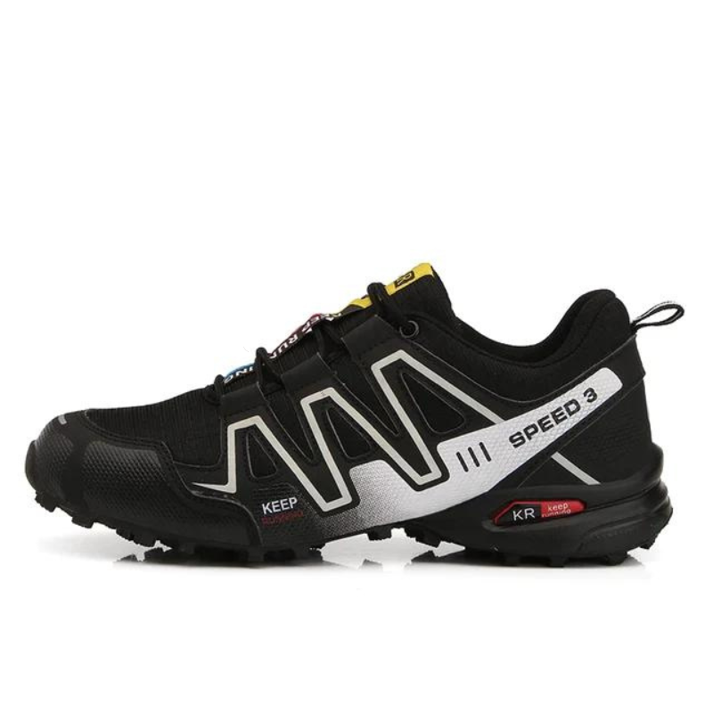 Black and white Speed 3 trail running shoe with rugged sole, breathable mesh, and durable design. Ideal for outdoor sports and hiking enthusiasts.