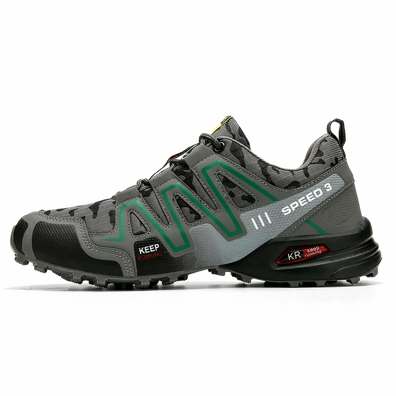 Gray and green trail running shoe, side view, featuring durable mesh, rubber sole, and Speed 3 branding. Ideal for outdoor sports and hiking enthusiasts.