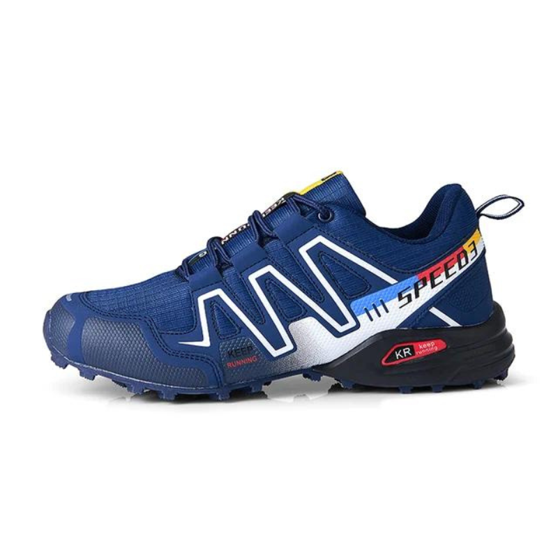 Blue trail running shoe with rugged sole, breathable mesh, and Speedcross branding. Ideal for outdoor sports, hiking, and athletic activities.