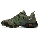 Green and black trail running shoe with rugged sole, camouflage pattern, and "Speed 3" branding. Ideal for outdoor sports and hiking enthusiasts.