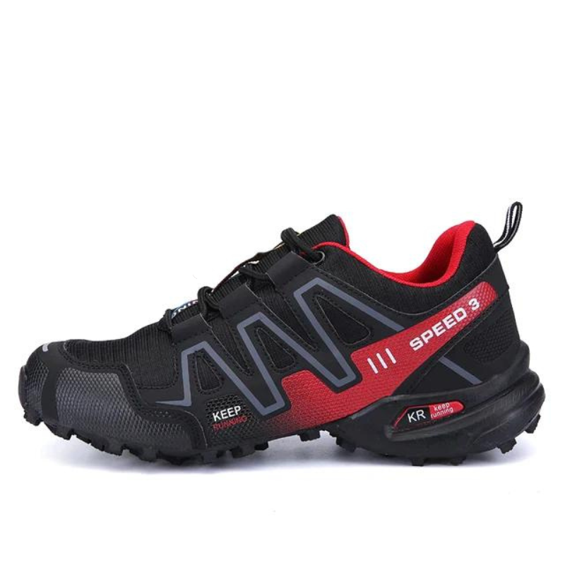 Black and red trail running shoe, Speed 3 model, featuring durable mesh, rugged sole, and lace-up design for optimal outdoor performance and comfort.