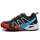 Colorful athletic running shoe with black, red, and blue design, featuring "Speed 3" branding. Ideal for sports enthusiasts seeking stylish footwear.