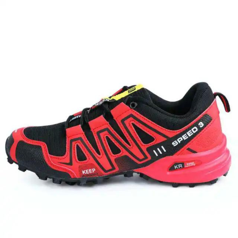 Red and black trail running shoe, Speed 3 model, featuring durable grip sole, breathable mesh, and lightweight design for optimal outdoor performance.