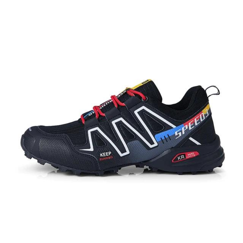 Black trail running shoe with red laces, rugged sole, and "SPEED" branding. Ideal for outdoor sports, hiking, and athletic activities.