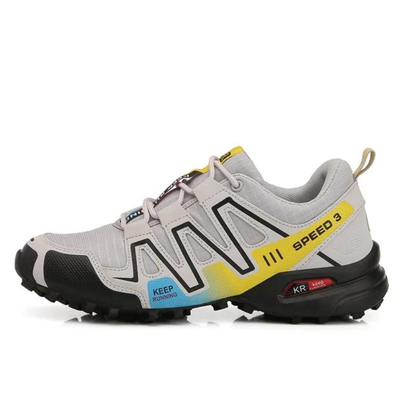 Trail running shoe with durable sole, breathable mesh, and vibrant design. Features "Speed 3" branding, ideal for outdoor sports and fitness enthusiasts.