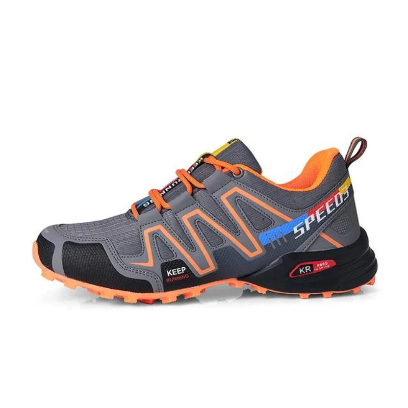 Gray and orange trail running shoe with "SPEED" branding, durable sole, and breathable mesh design. Ideal for outdoor sports and hiking enthusiasts.