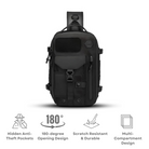 Black tactical backpack with hidden anti-theft pockets, 180-degree opening, scratch-resistant material, and multi-compartment design. Ideal for travel.