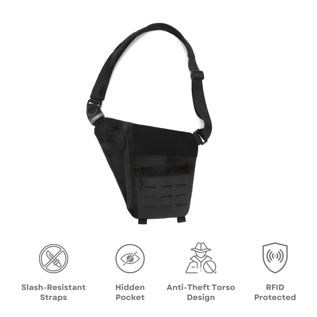 Tactical crossbody sling bag with slash-resistant straps, hidden pocket, anti-theft design, and RFID protection. Ideal for secure travel and daily use.