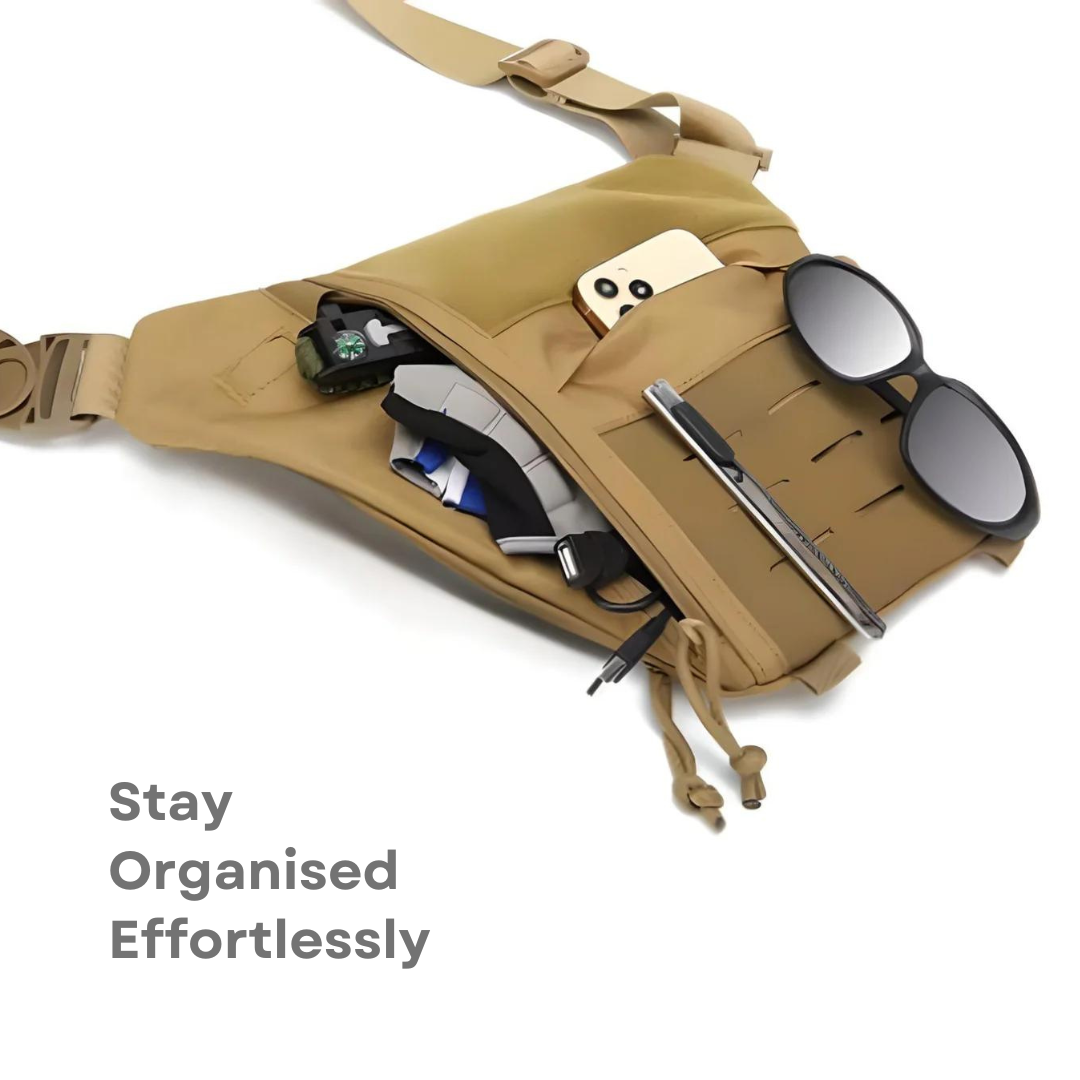 Tactical crossbody sling bag in tan with multiple compartments, featuring sunglasses, phone, and pen. Ideal for travel and everyday organization.