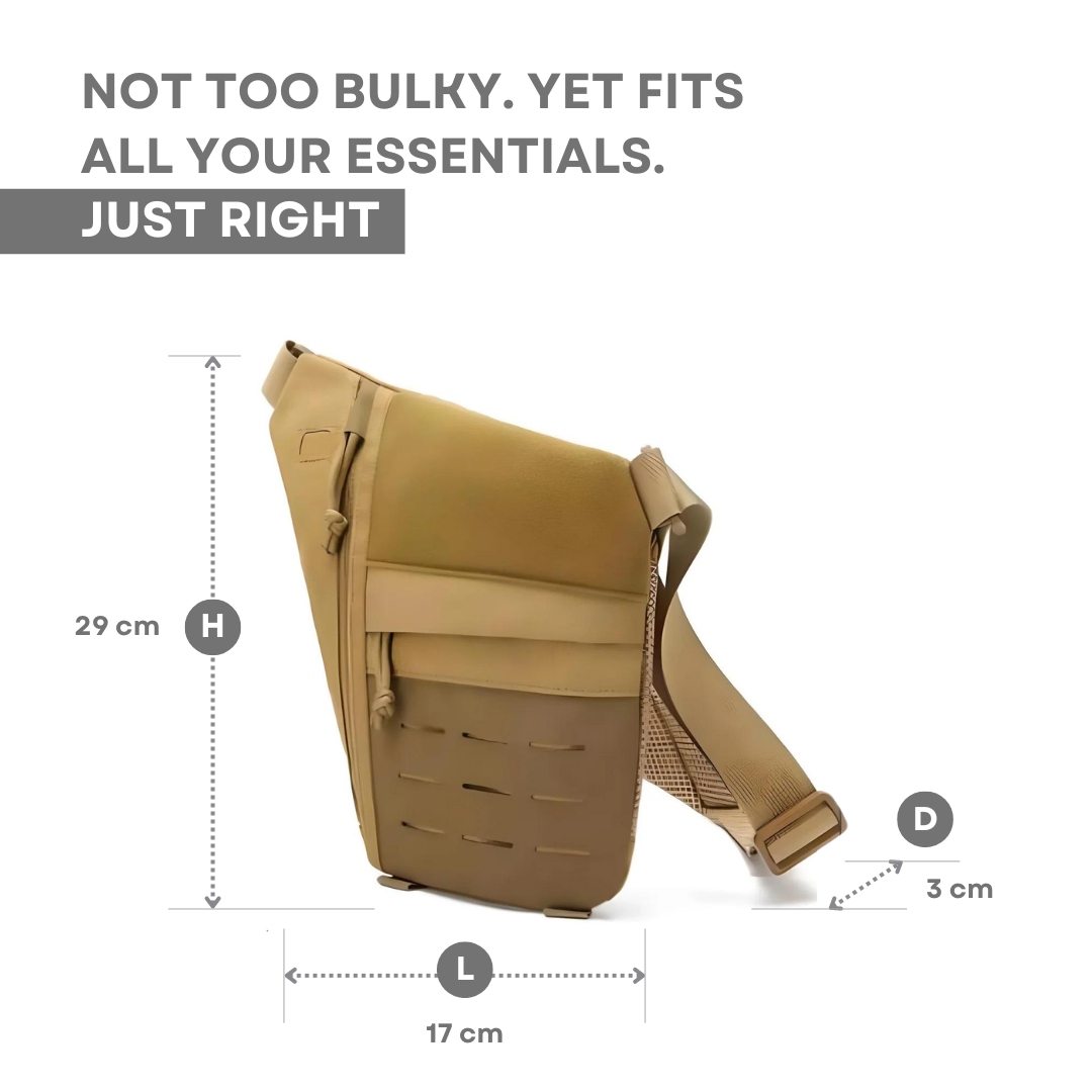 Tactical crossbody sling bag in tan, featuring adjustable strap, compact design, and multiple compartments. Ideal for travel and outdoor activities.