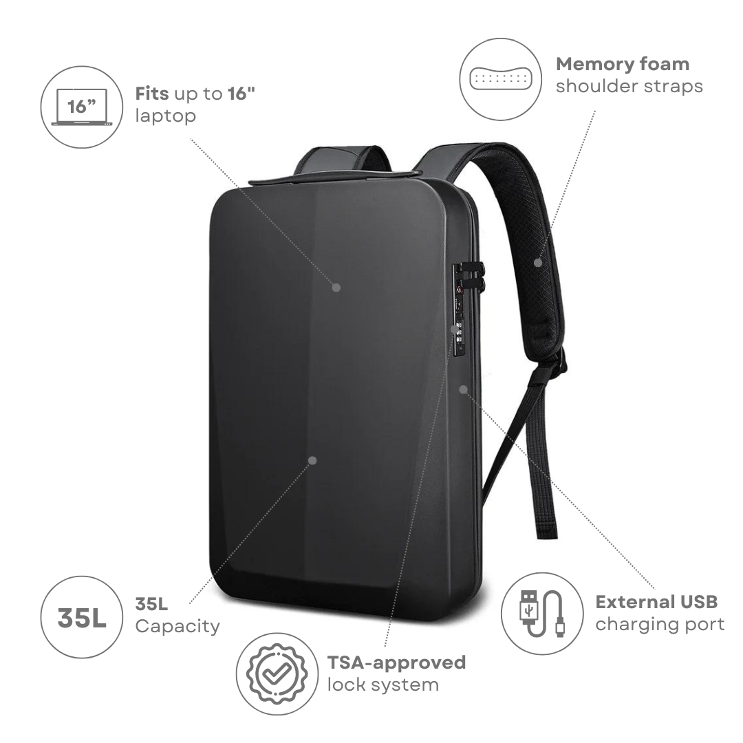 Sleek black anti-theft backpack with TSA-approved lock, fits 16" laptop, 35L capacity, memory foam straps, and external USB charging port.