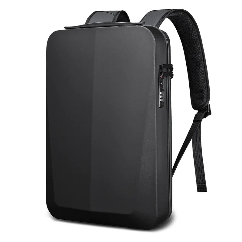 Sleek black anti-theft backpack with hard shell design, featuring a built-in combination lock. Ideal for tech gear protection and secure travel.