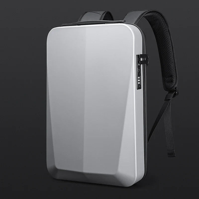 Sleek silver anti-theft backpack with hard shell design, ergonomic straps, and secure zipper, ideal for tech gear protection and travel.