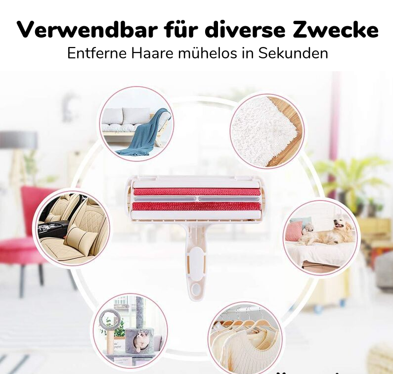 Pet hair remover tool with red fabric rollers, versatile for furniture and car interiors.