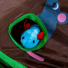 Interactive cat toy with a blue plush mouse peeking from a green tunnel, designed for playful feline engagement and mental stimulation.